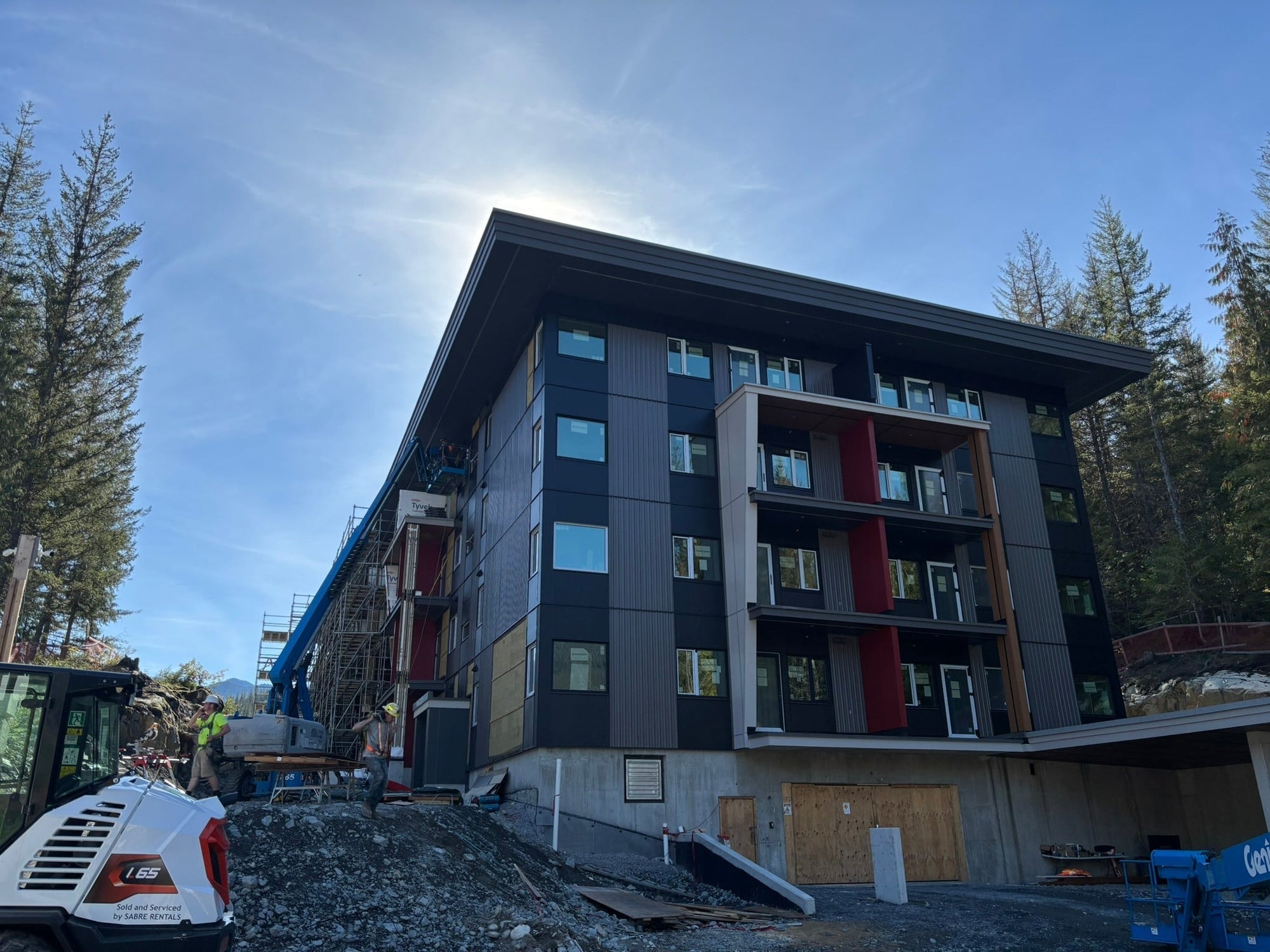 Exterior of 1475 Mount Fee Road construction progress, showing exterior siding installed