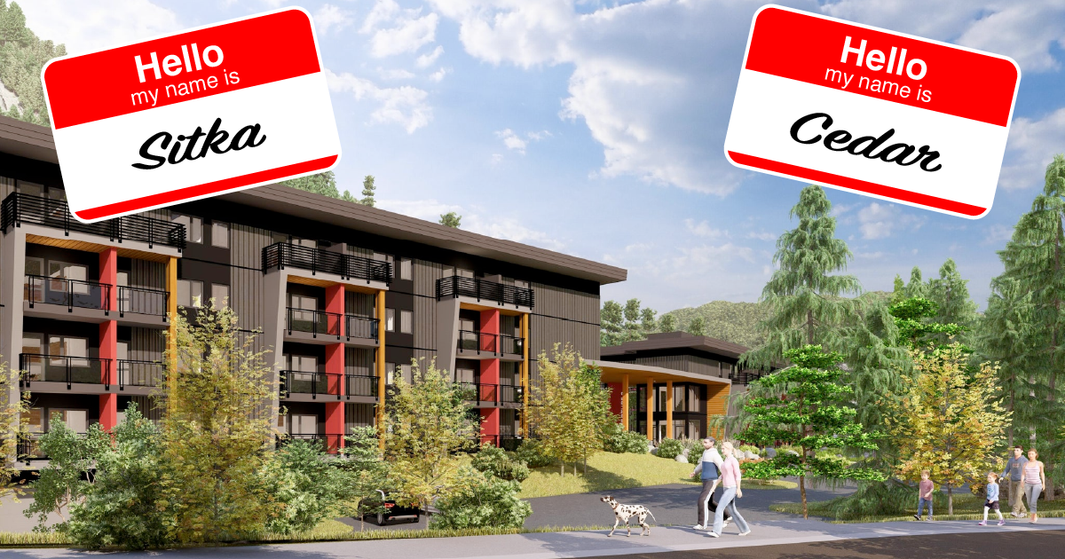Rendering of project buildings with name tags 'Sitka' and 'Cedar' showing the new building names.